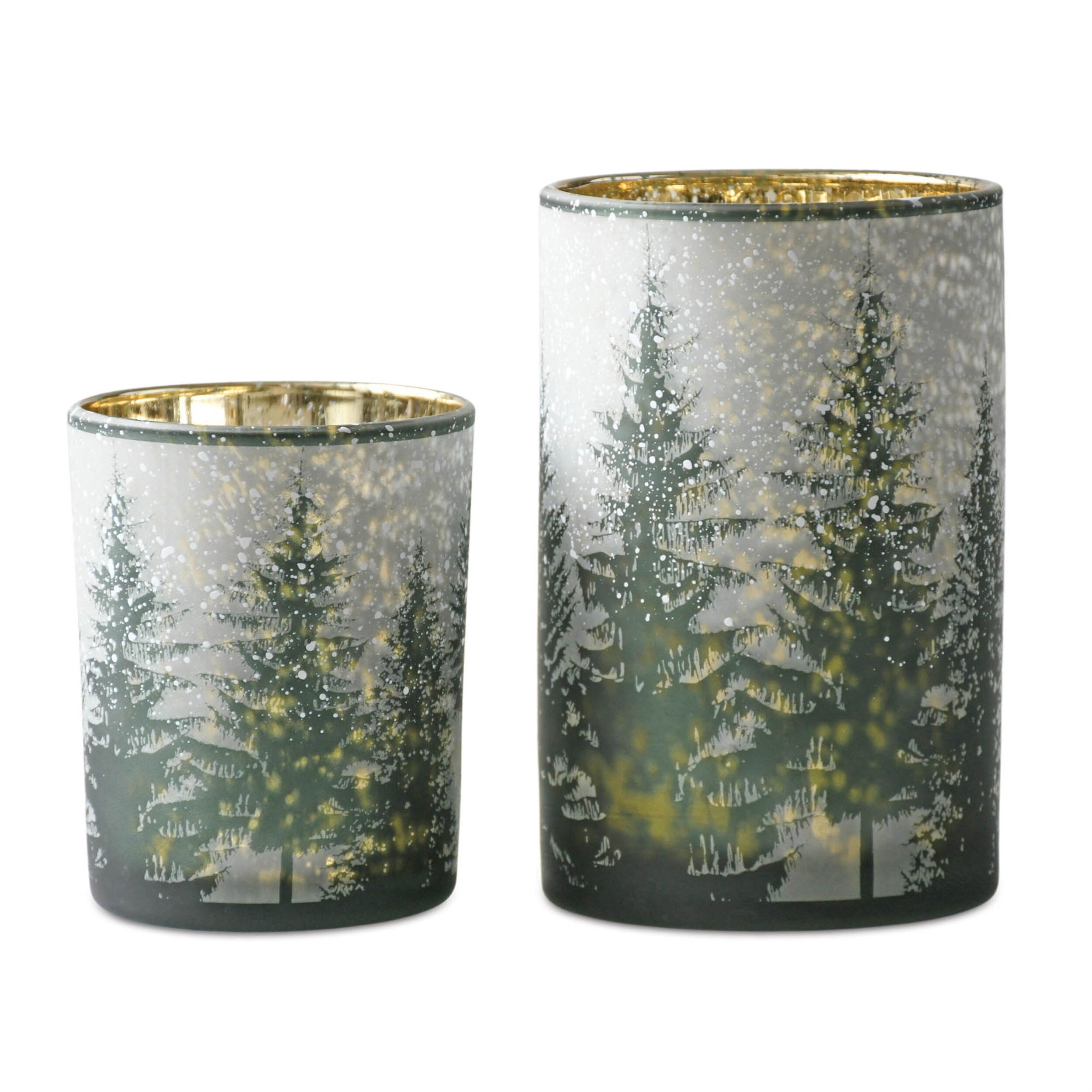 Frosted Pine Mercury Glass Candle Holder (Set of 2), GREEN GREY GOLD, hi-res image number 0