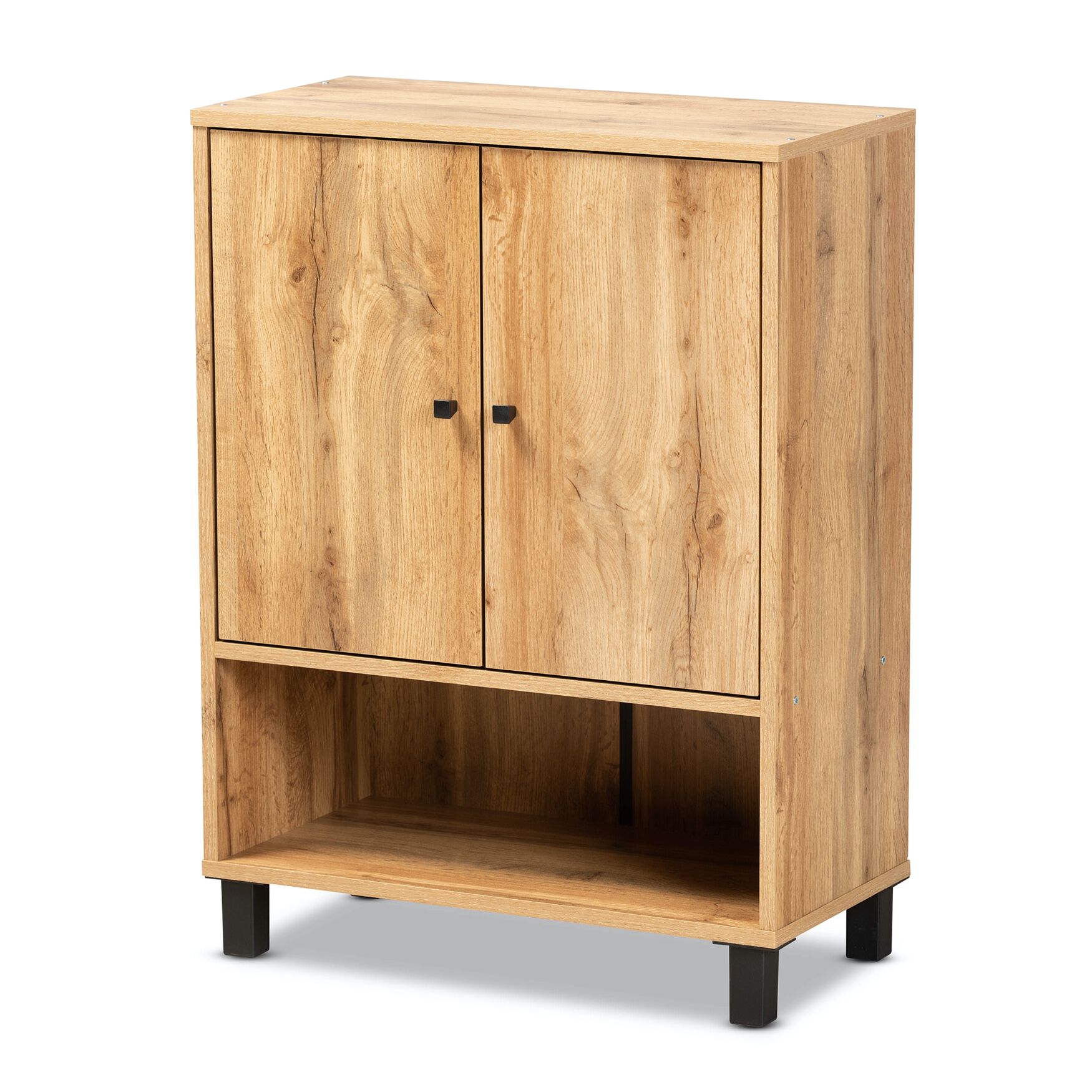 Rossin Wood 2-Door Entryway Shoe Storage Cabinet W Bottom Shelf Furniture, OAK BLACK, hi-res image number 0