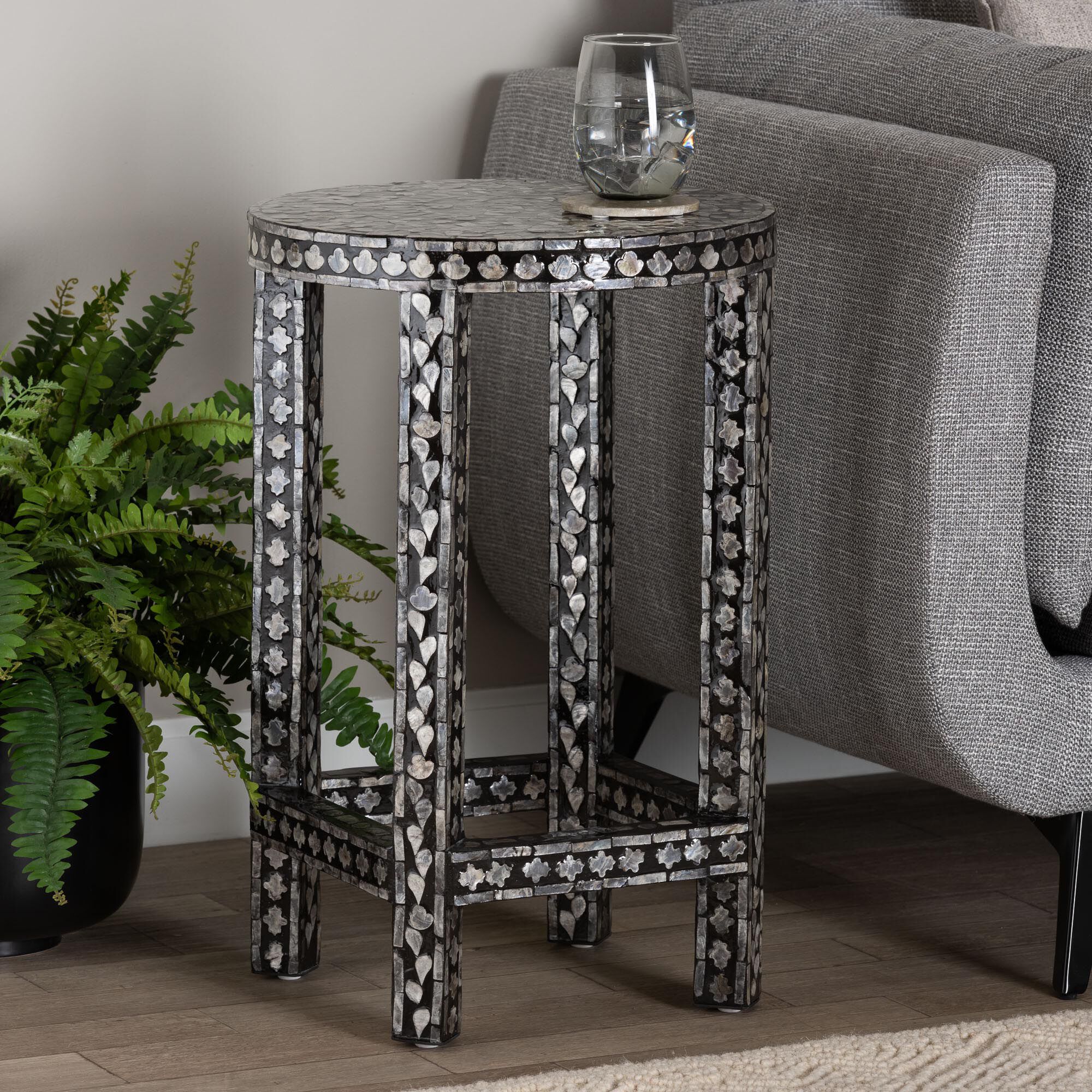 Elara Coastal Black and White Mother of Pearl Capiz Shell End Table, BLACK, hi-res image number 0
