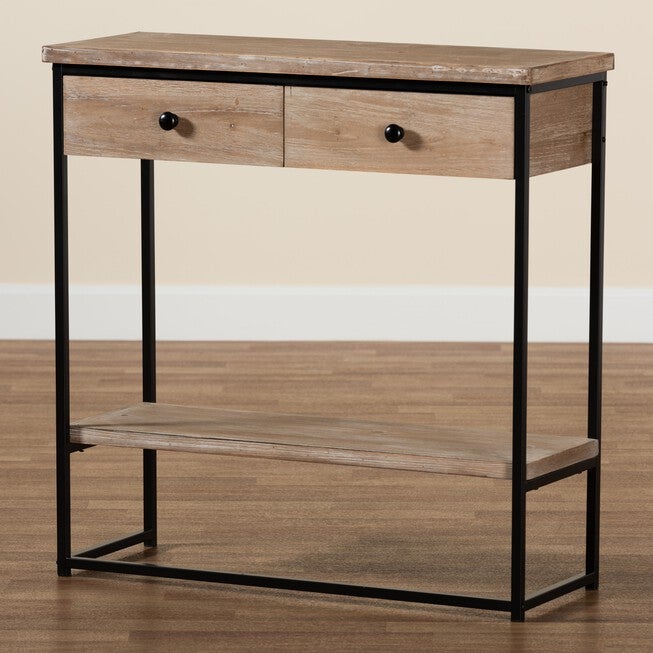Silas Modern Industrial Natural Brown Finished Wood And Black Metal 2-Drawer Console Table, , alternate image number null