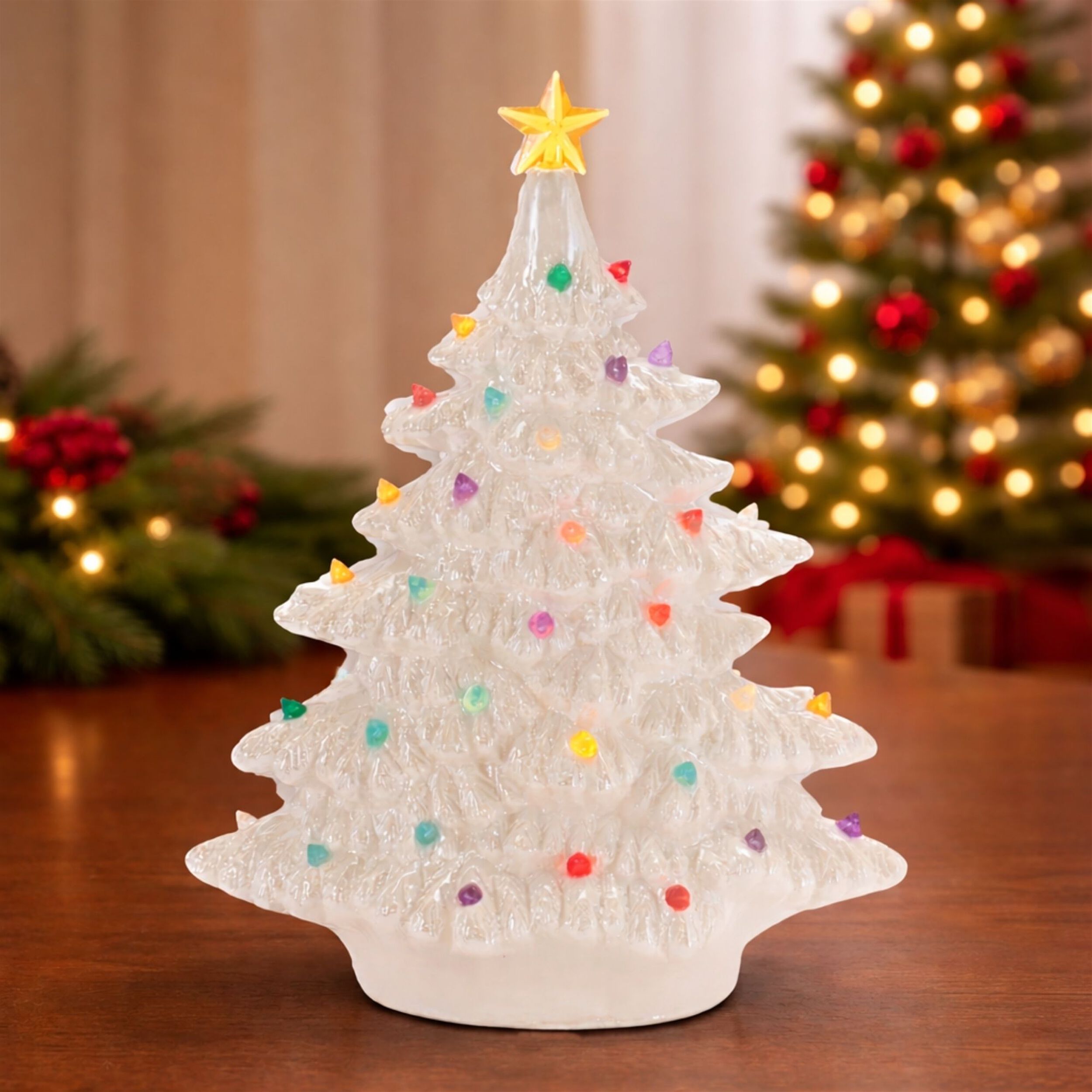 Lighted Ceramic Christmas Tree with Multicolor Bulbs 11 inchesH, WHITE, alternate image number 3