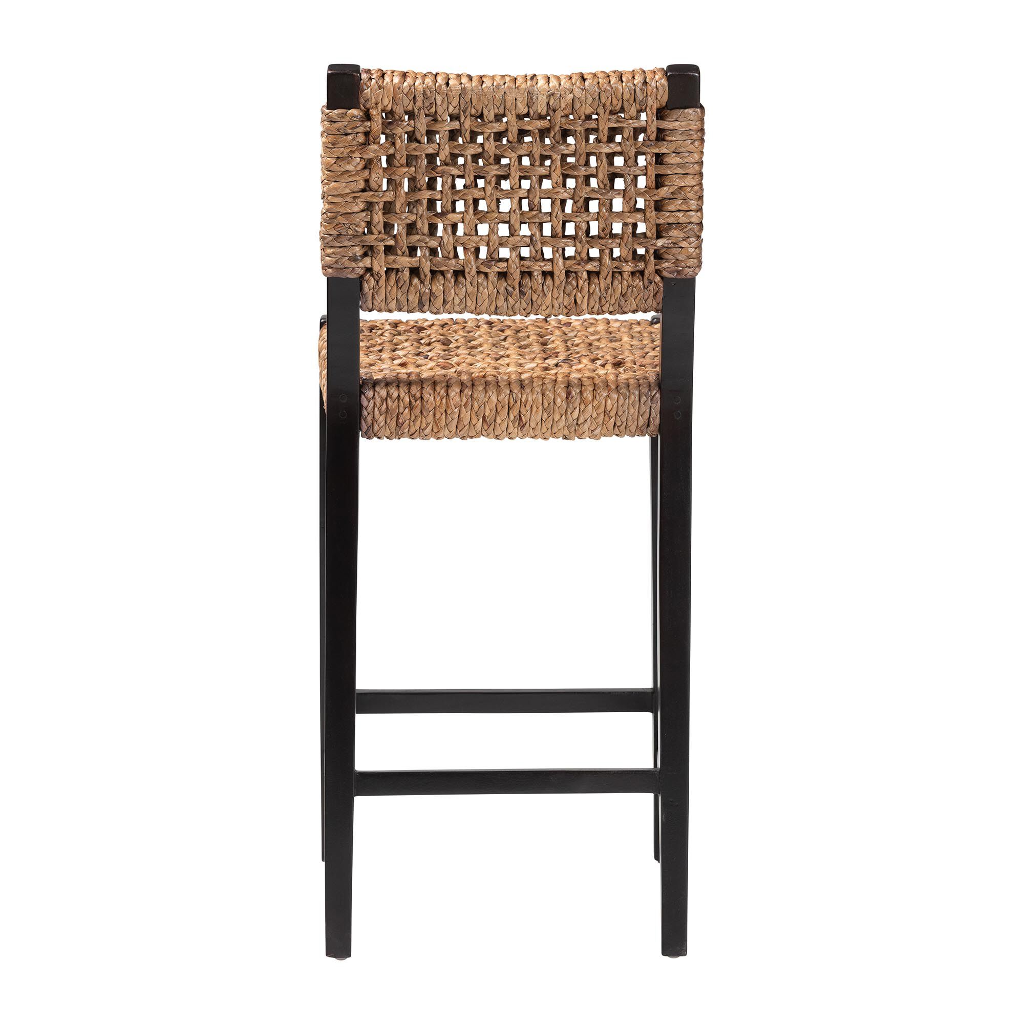 Back view of a seagrass bar stool with a black frame.