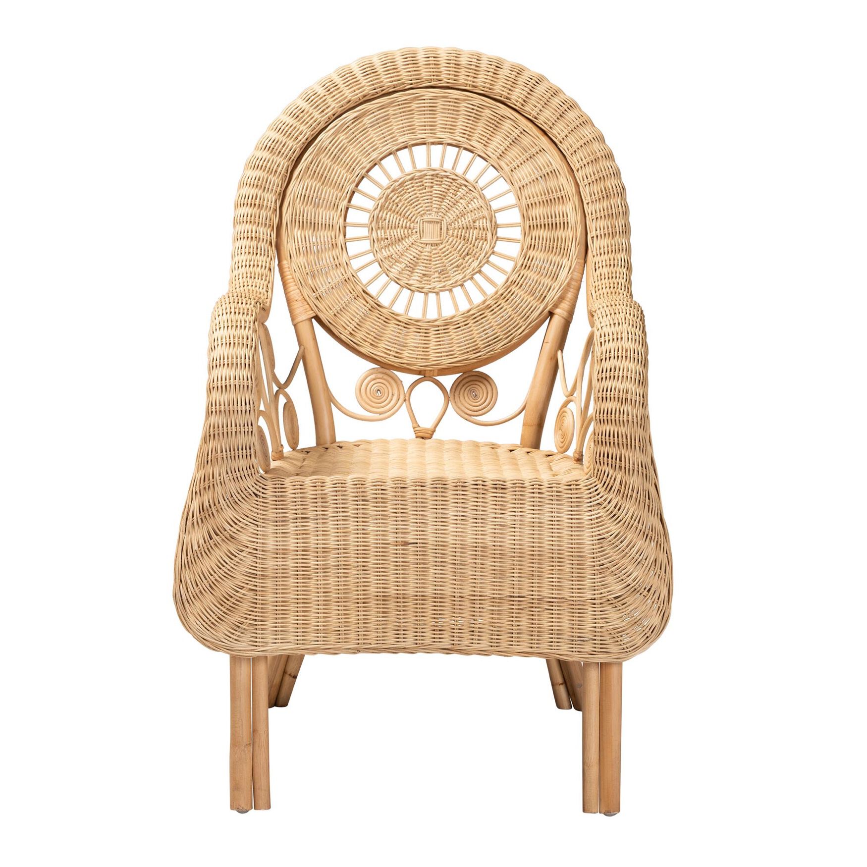 Natural rattan armchair with circular back and woven design