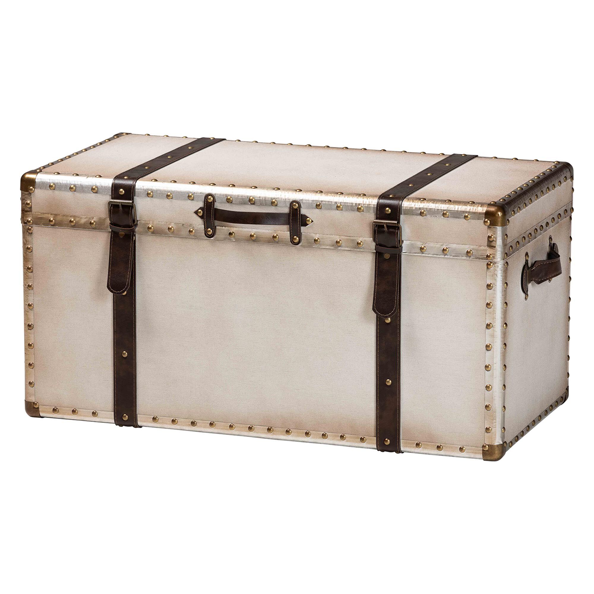 Nevio Vintage Weathered White Canvas Storage Trunk, BEIGE, alternate image number 1
