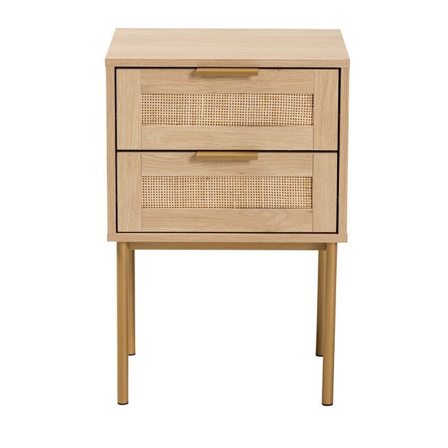 Dewitt Japandi Light Brown Finished Wood And Gold Metal 2-Drawer End Table, , alternate image number null