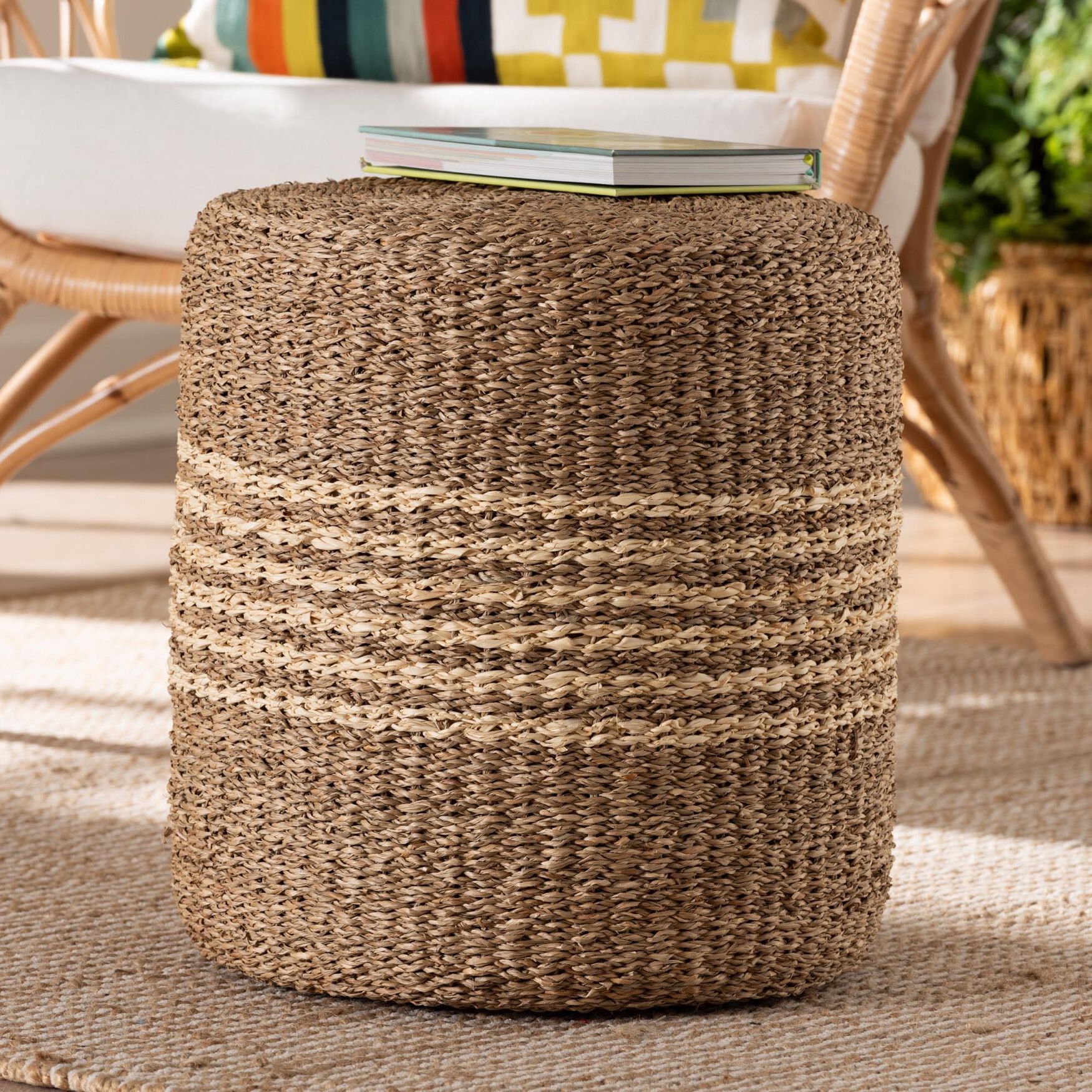 Wickham Modern Bohemian Natural Brown Seagrass Ottoman Footstool, , alternate image number 10