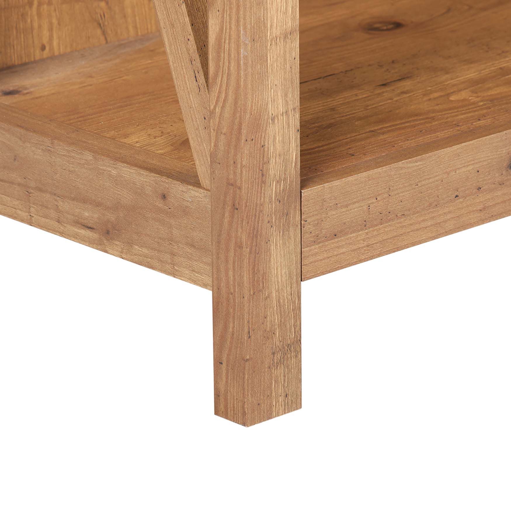 Close-up of Houston bookcase corner post and lower shelf support