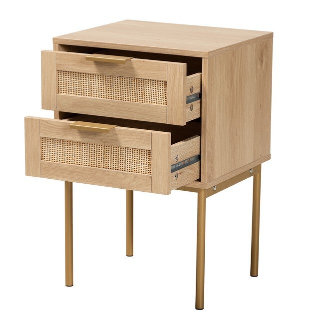 Dewitt Japandi Light Brown Finished Wood And Gold Metal 2-Drawer End Table, , on-hover image number null