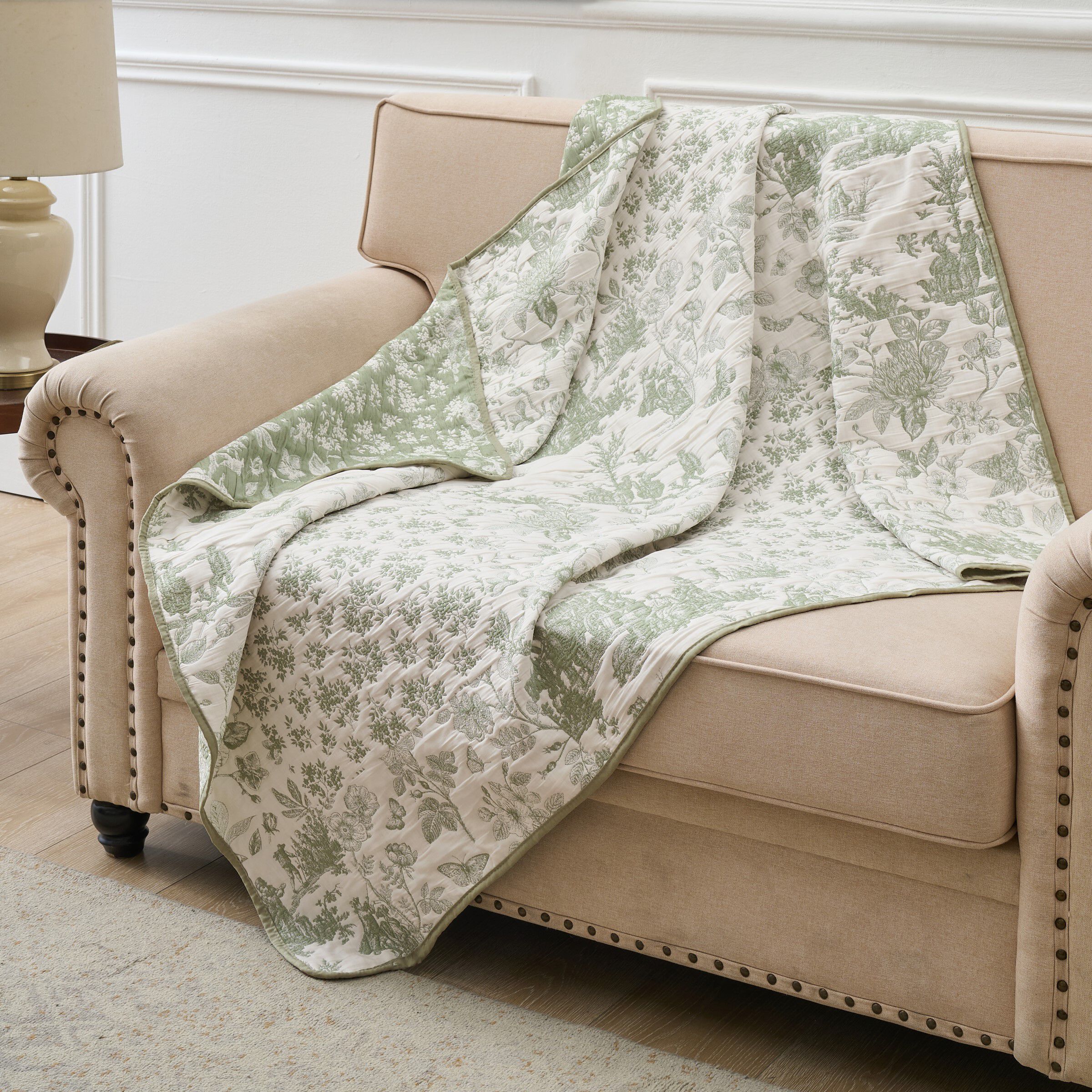 Patchwork Toile Classic Floral Throw Blanket, SAGE, alternate image number 1