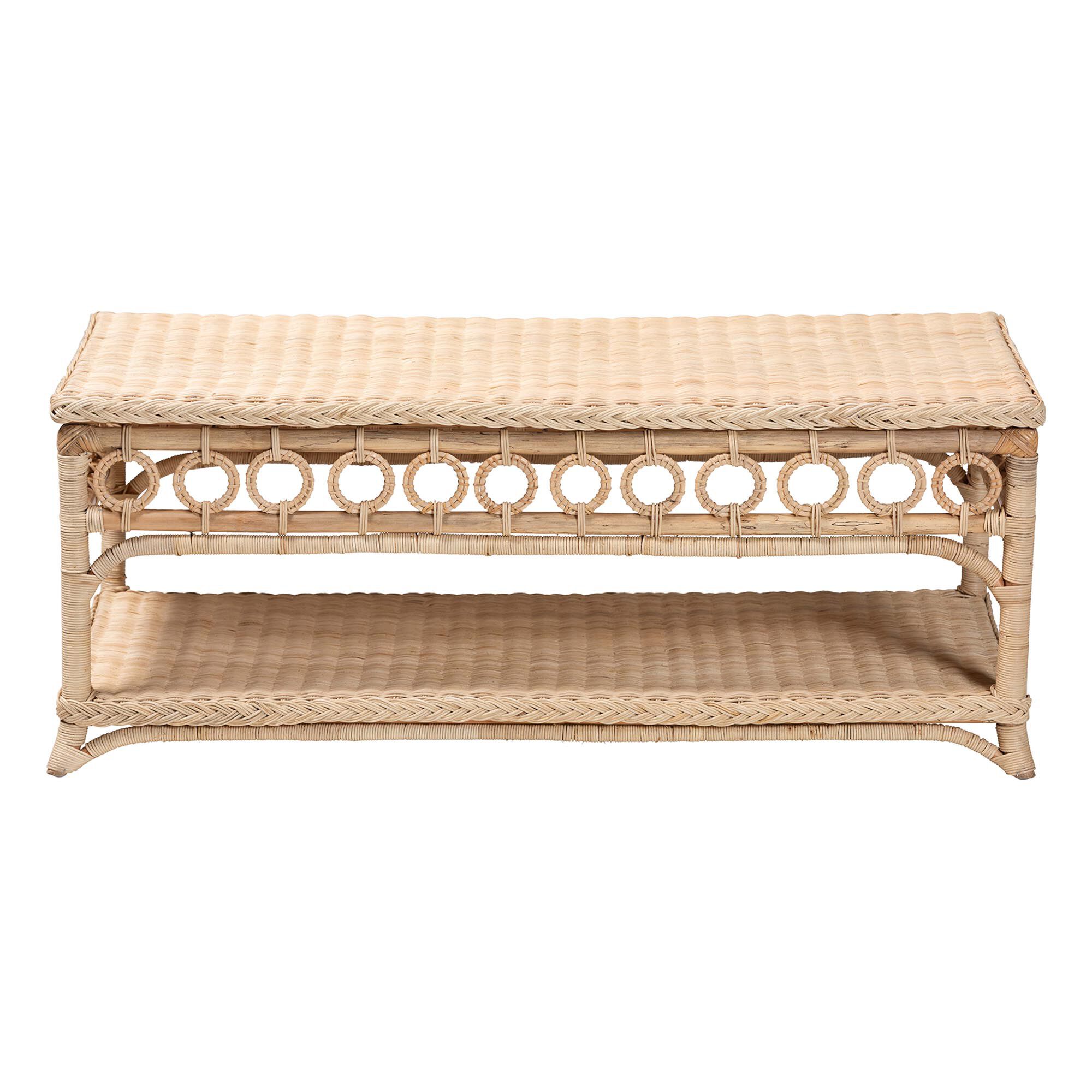Natural rattan coffee table with decorative ring shelf front