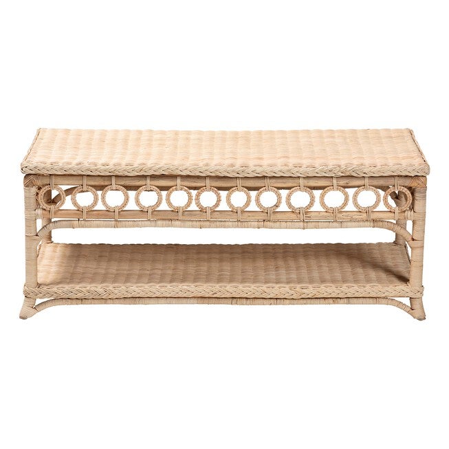 Natural rattan coffee table with woven top and ring detail front