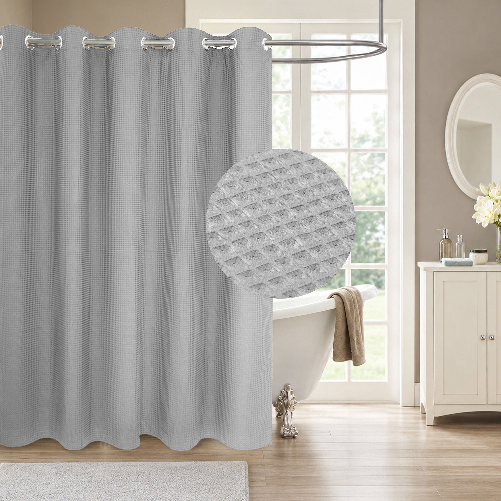 No Hook Cotton Blend Waffle Woven Shower Curtain with Snap-in Liner, GRAY, hi-res image number 0