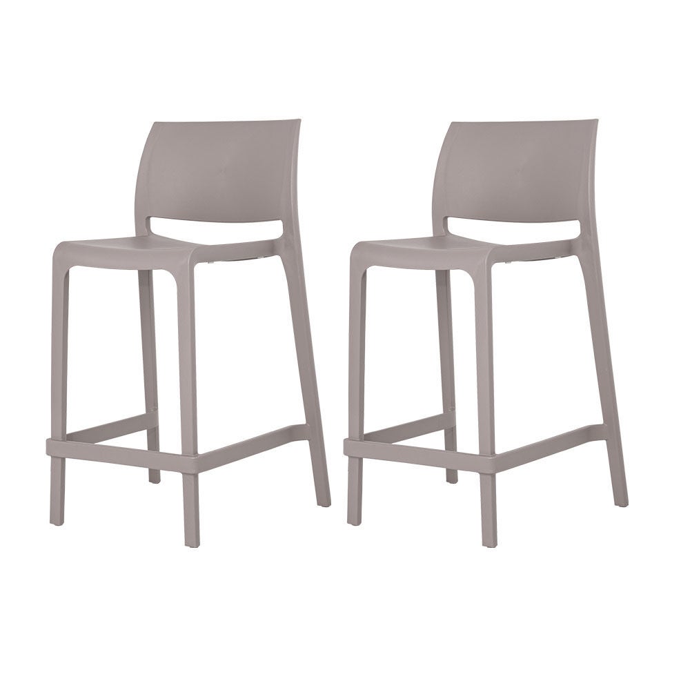 Set of two stackable outdoor counter stools with mauve seat and white frame
