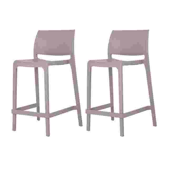 Set of two stackable outdoor counter stools with mauve seat and white frame