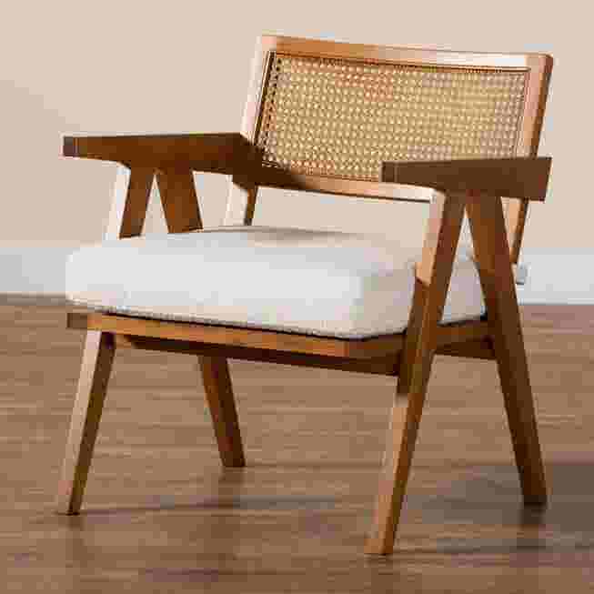 Armchair with wooden frame and woven back