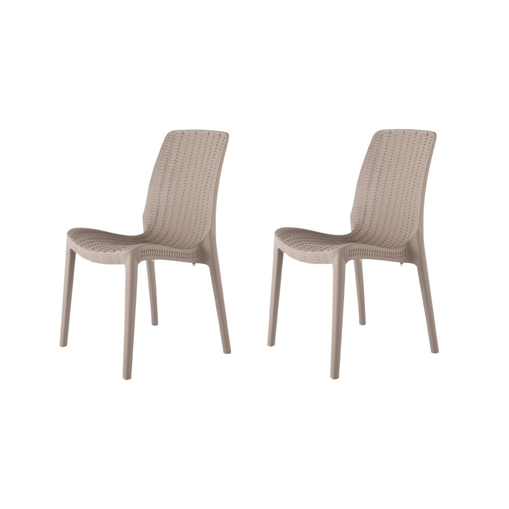 Set of stackable outdoor dining chairs with beige woven seats and backs