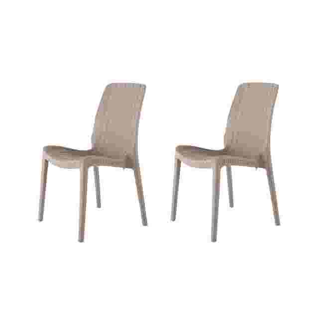 Set of stackable outdoor dining chairs with beige woven seats and backs