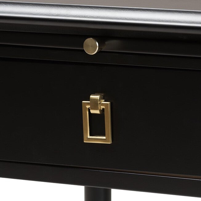 Gold ring pull and square hanging ring on drawer