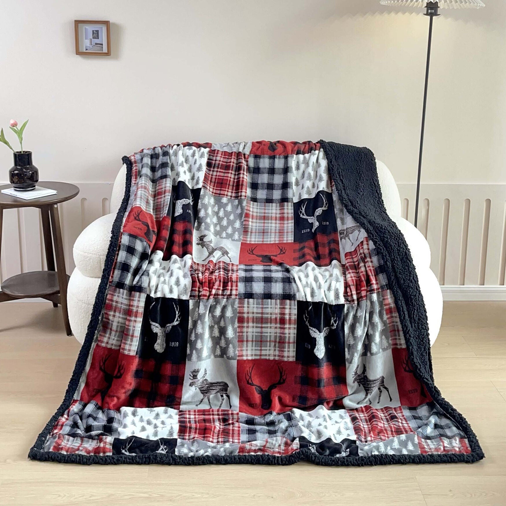 Patchwork Lodge Silk Touch Sherpa Throw, , on-hover image number 1