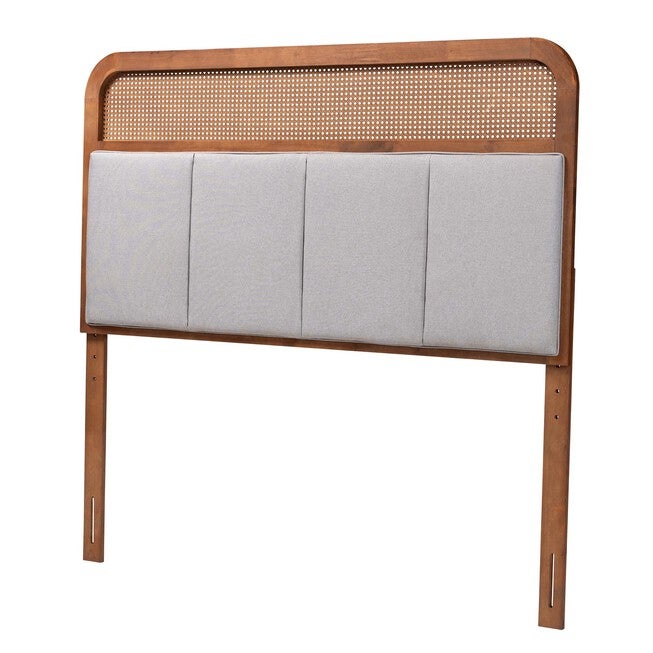 Esti Mid-Century Modern Light Grey Fabric And Ash Walnut Finished Wood King Size Headboard With Rattan, GREY ASH WALNUT, hi-res image number 0
