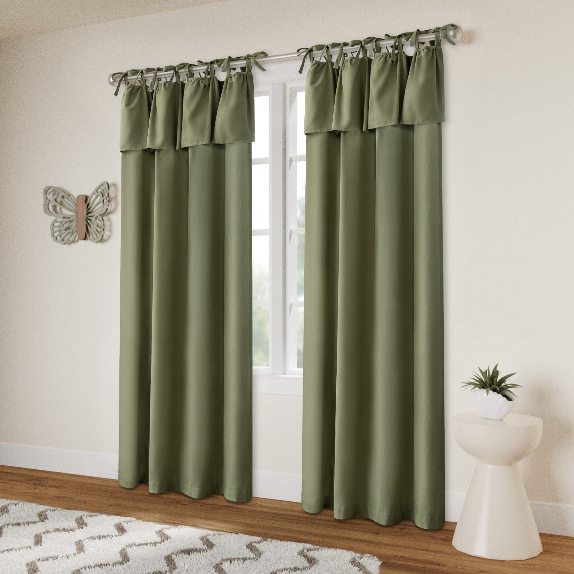 Recycled Cotton Blend Ruffle Tie Top Curtain Pair, OLIVE, alternate image number 2