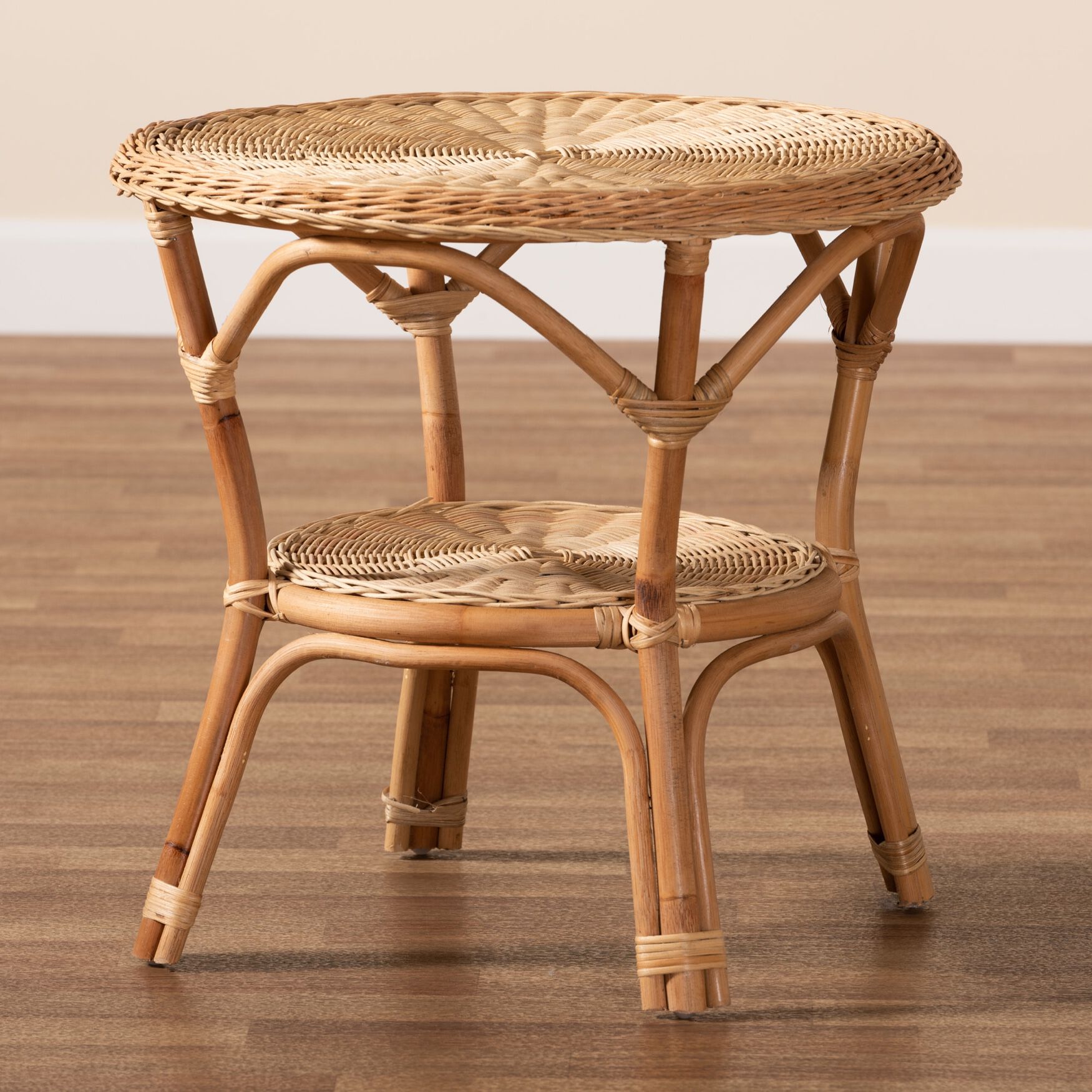 Natural rattan round coffee table in warm indoor setting