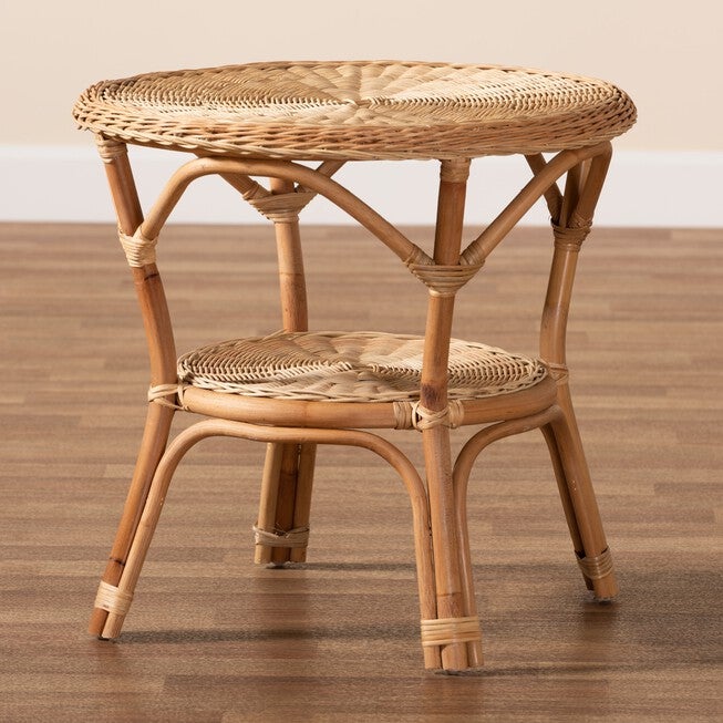 Natural rattan round coffee table with woven top and lower shelf