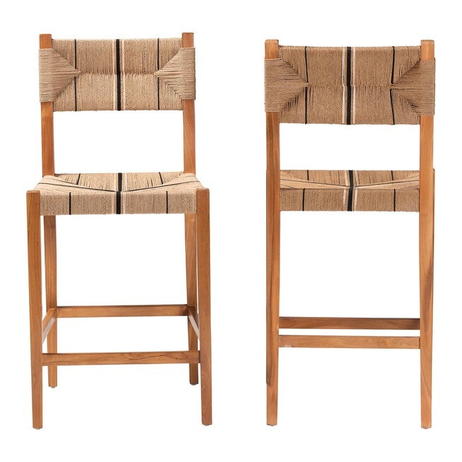 Bohemian paper-loom bar stools set shown from front with square seat