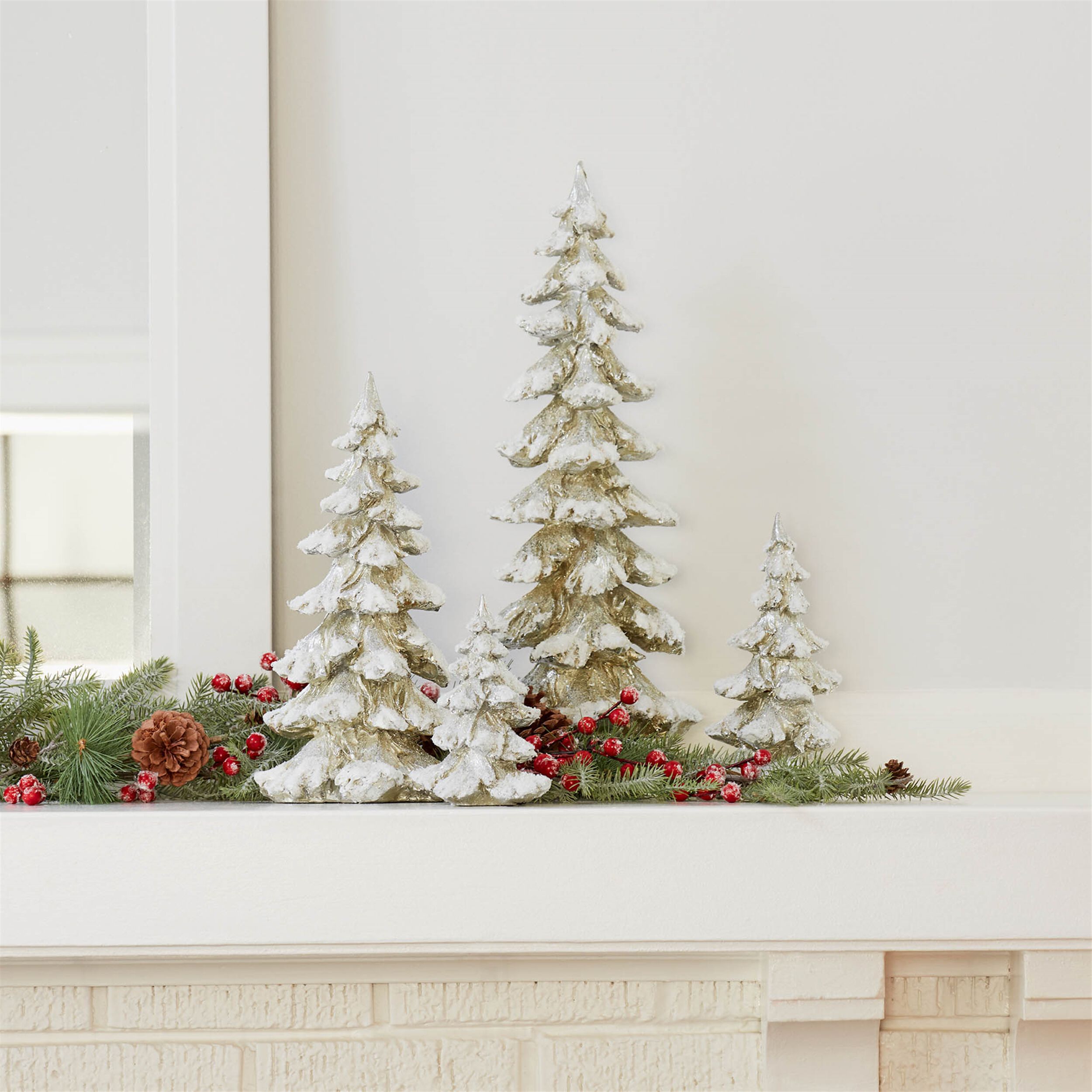 Gold Flocked Pine Tree Decor (Set of 4), GOLD WHITE, alternate image number 2