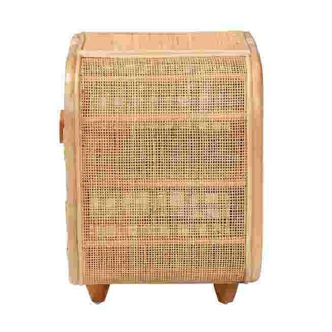 Rattan nightstand with a woven front, viewed from the side.