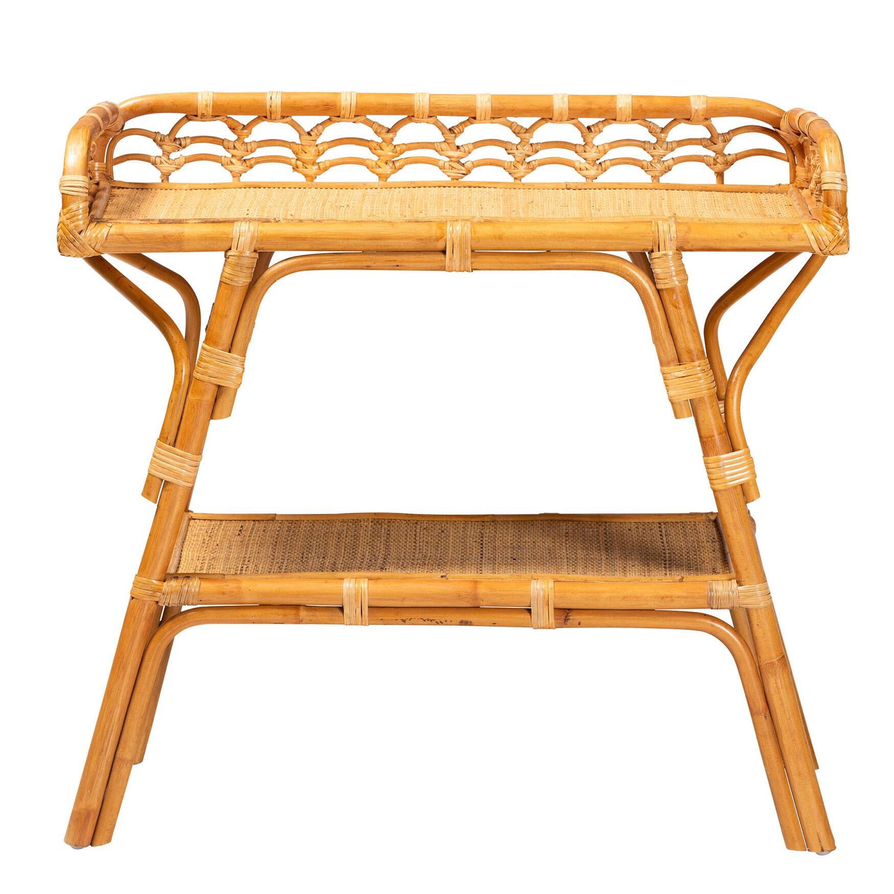 Nayana Modern Bohemian Natural Rattan 2-Tier Console Table, , on-hover image number 1