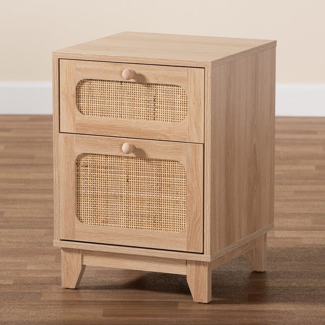 Elsbeth Mid-Century Modern Light Brown Finished Wood And Natural Rattan 1-Drawer End Table, , alternate image number 8