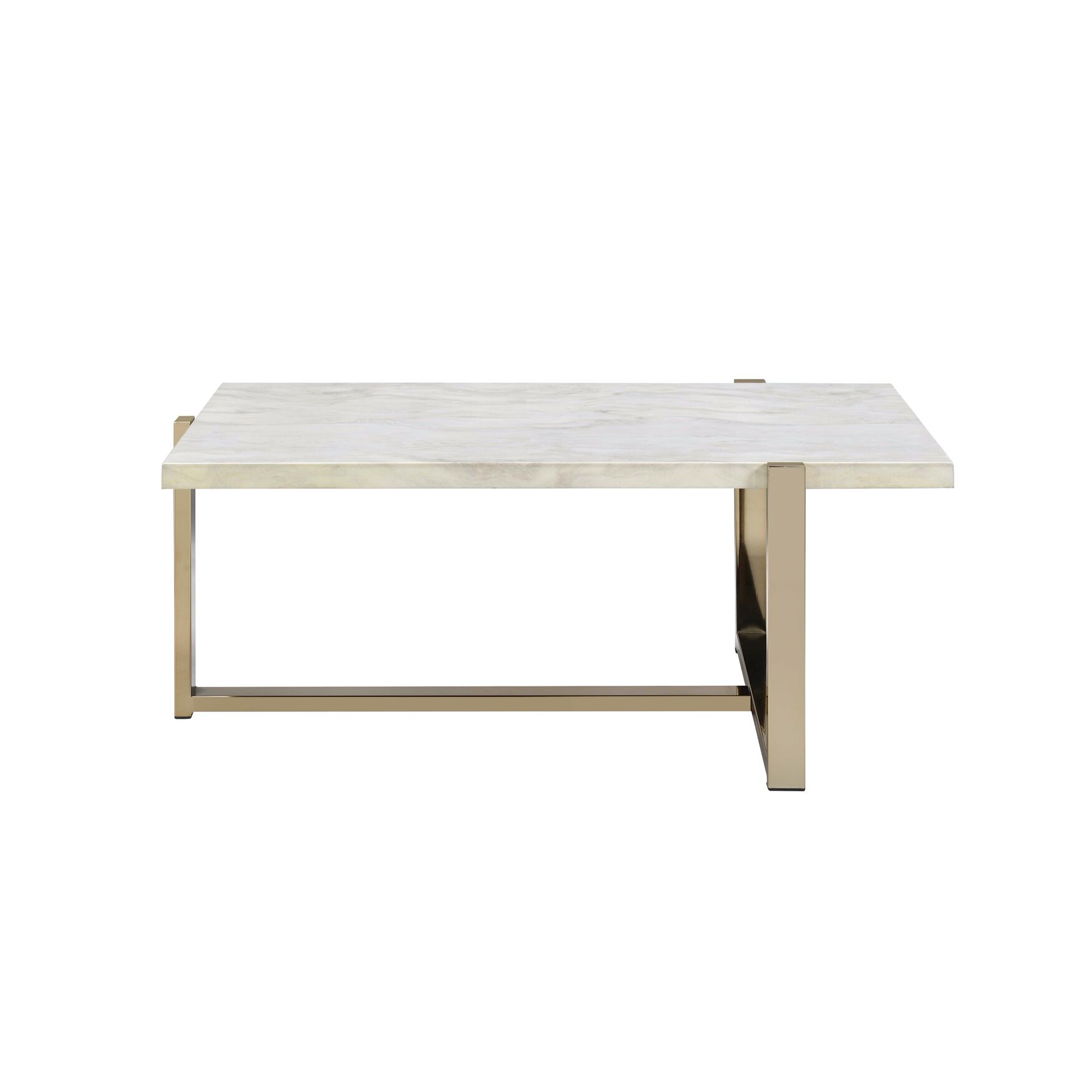 Side view of a white coffee table with metal frame