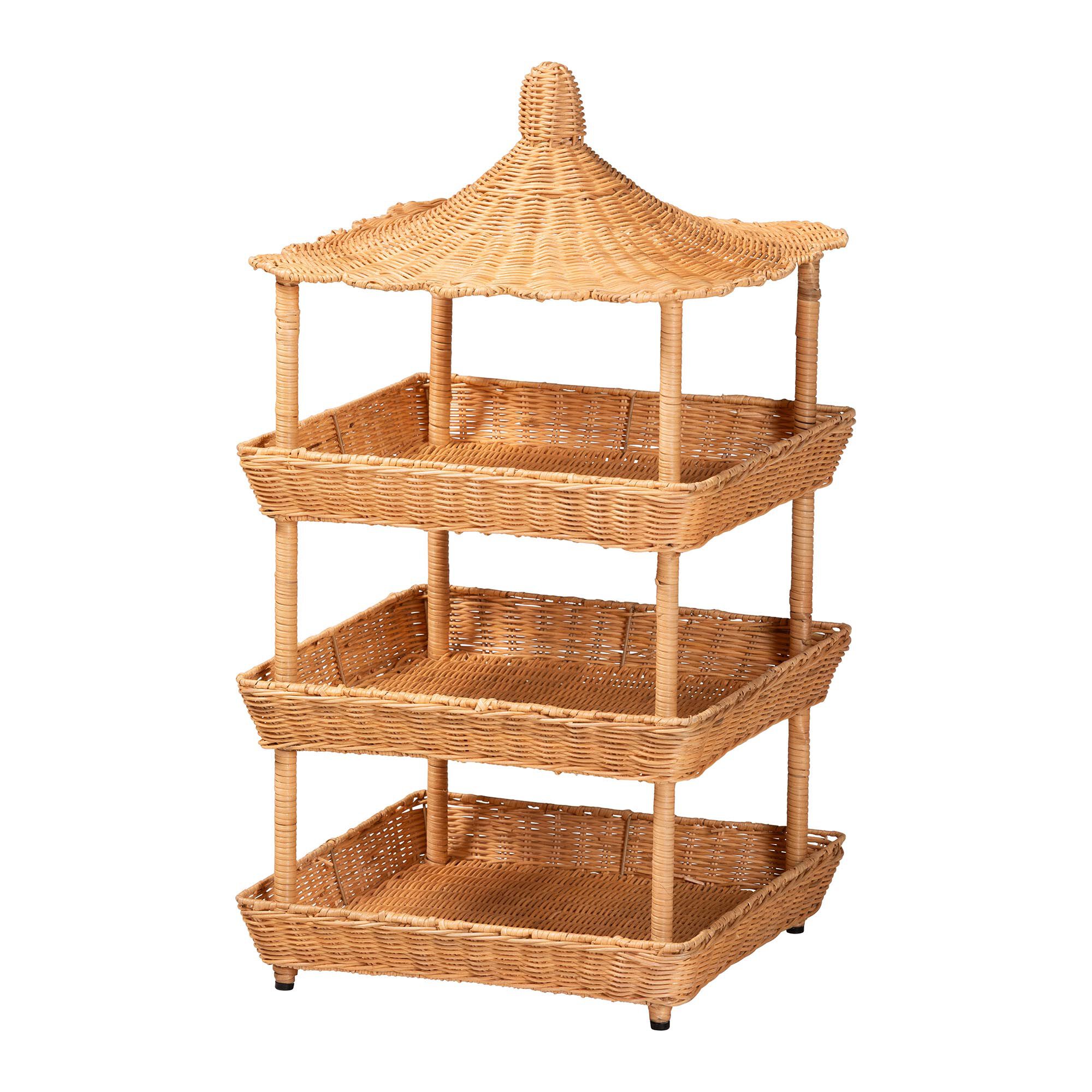 Asante Natural Rattan 3-Tier Display Shelf with Pagoda Top, HONEY, alternate image number 1