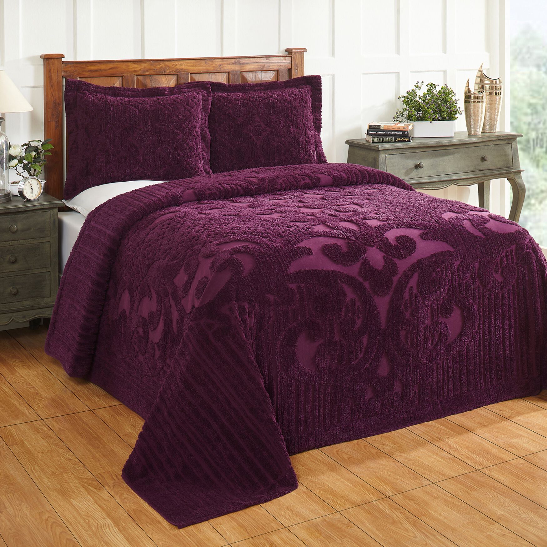 Ashton Collection Tufted Chenille Bedspread , PLUM, hi-res image number 0