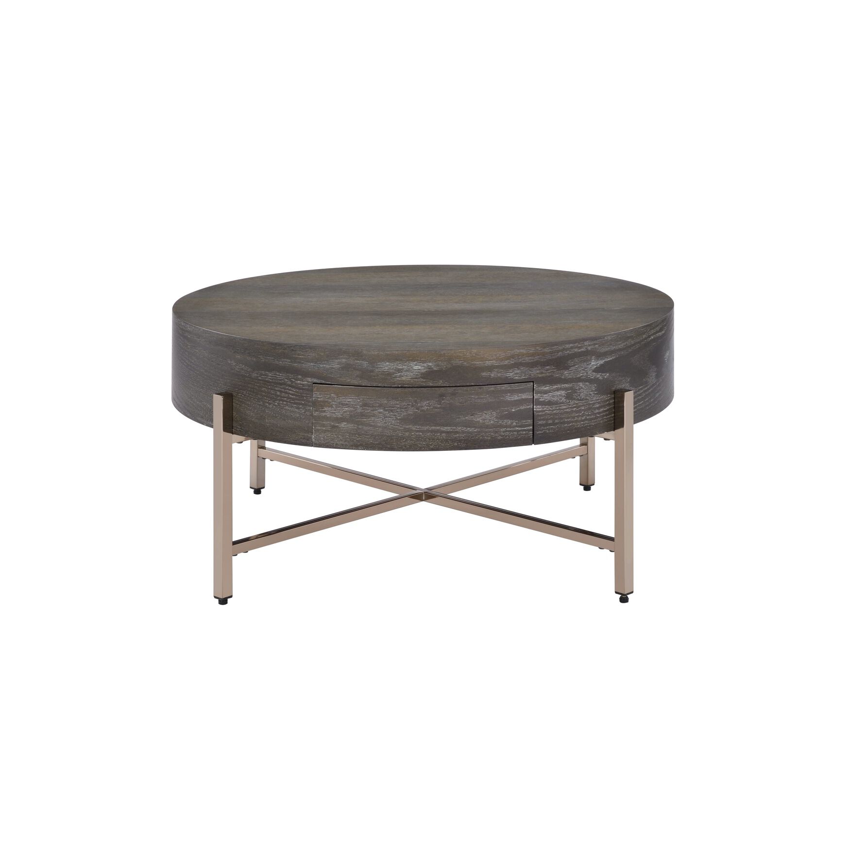 Round coffee table with dark wood-look top and X-style base support