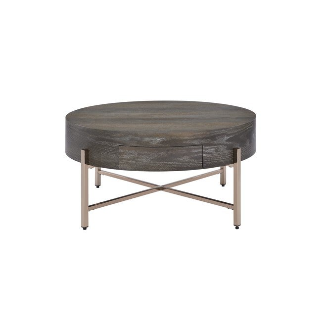 Round coffee table with dark wood-look top and X-style base support