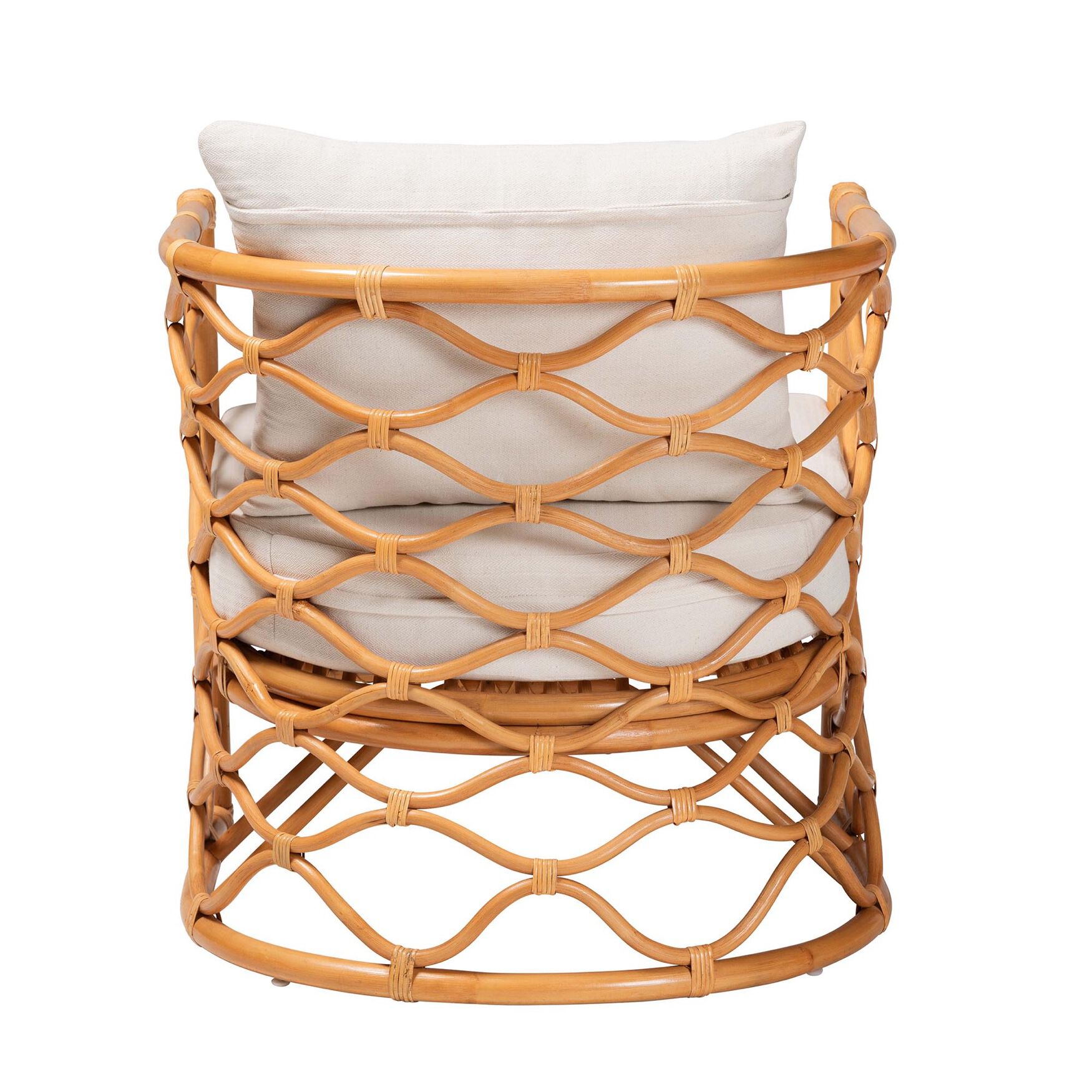 Back view of light honey rattan arm chair with white cushion