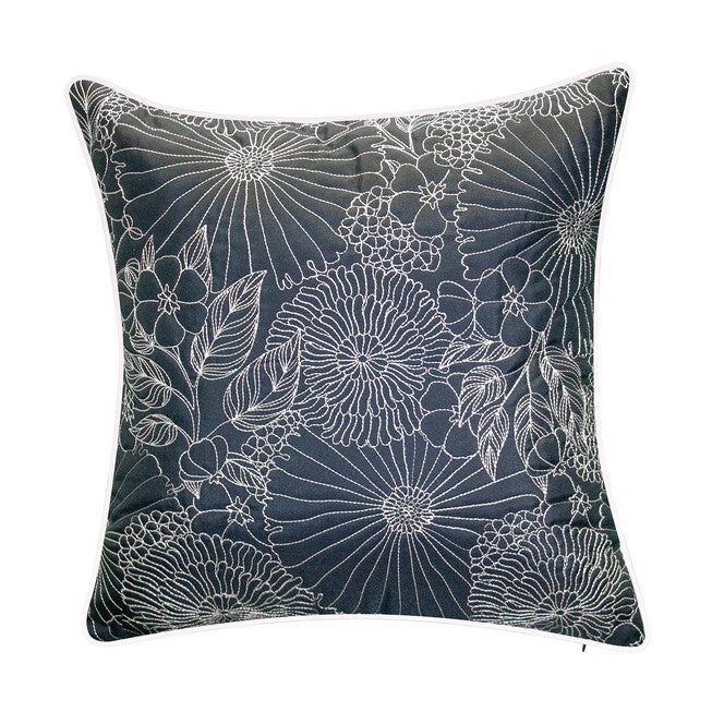 Fine Line Embroidered Floral Indoor & Outdoor Decorative Pillow, NAVY WHITE, hi-res image number 0