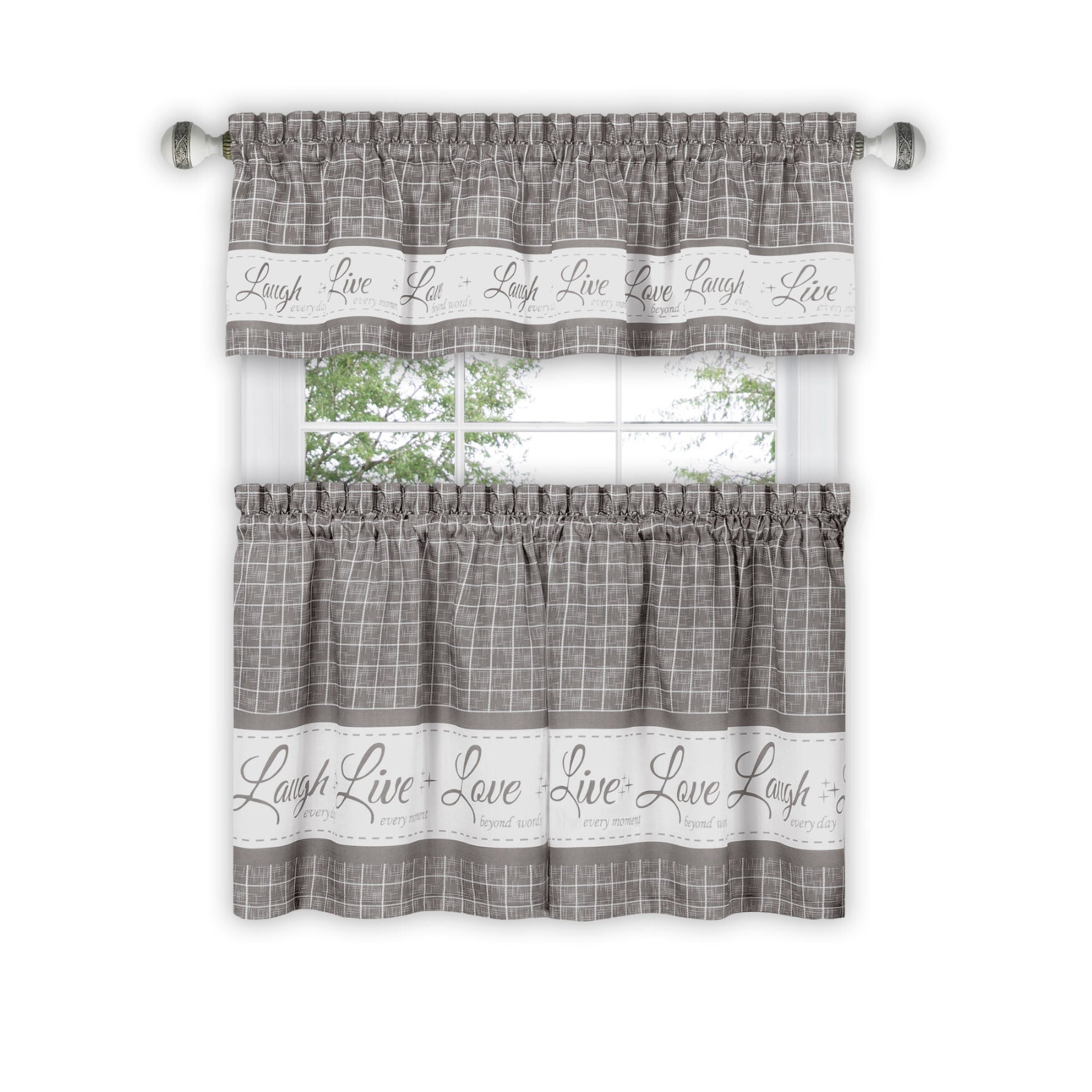 Live, Love, Laugh Window Curtain Tier Pair and Valance Set - 58x36, GREY, hi-res image number 0