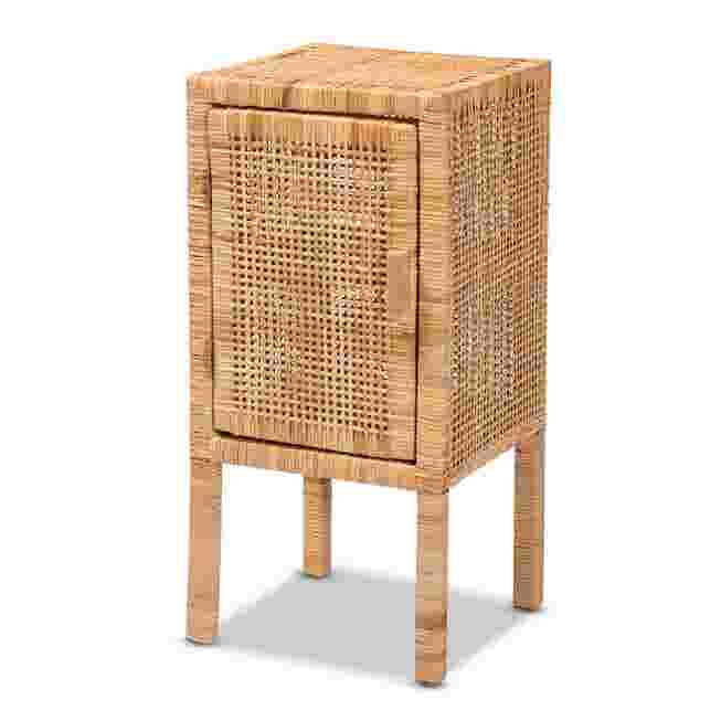 Front view of rattan nightstand with door closed