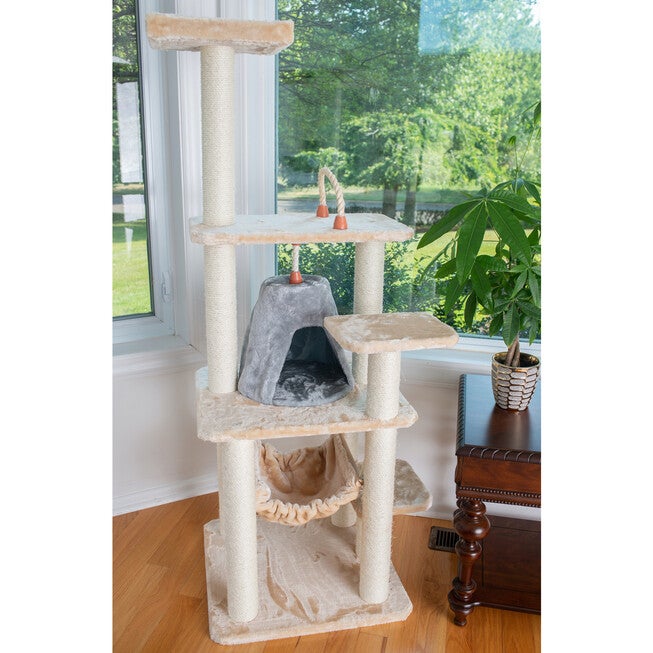 65 inches Real Wood Cat Tree With Sisal Rope, Hammock, Playhouse, , on-hover image number null