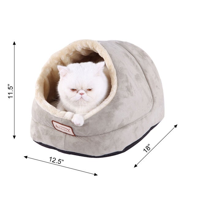 Faux Suede, Faux Fur Pet Cat Dog Cave Pet Bed, Sage Green/ Beige, , alternate image number null