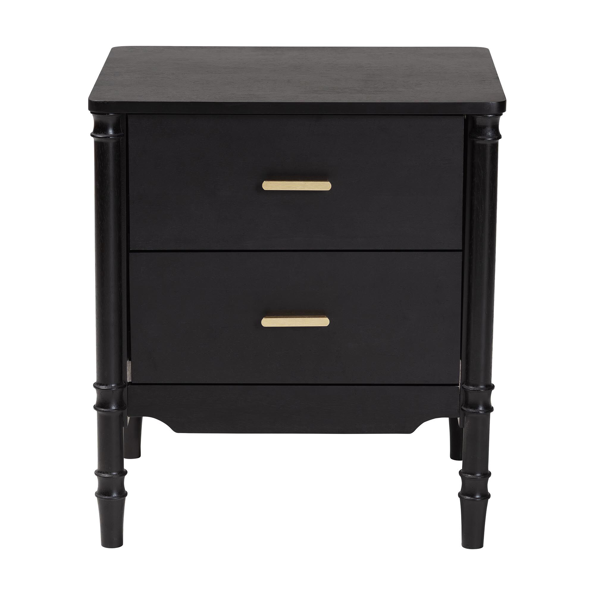 Marisela nightstand front view with black finish and gold drawer pulls