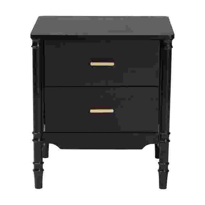 Marisela nightstand front view with black finish and gold drawer pulls