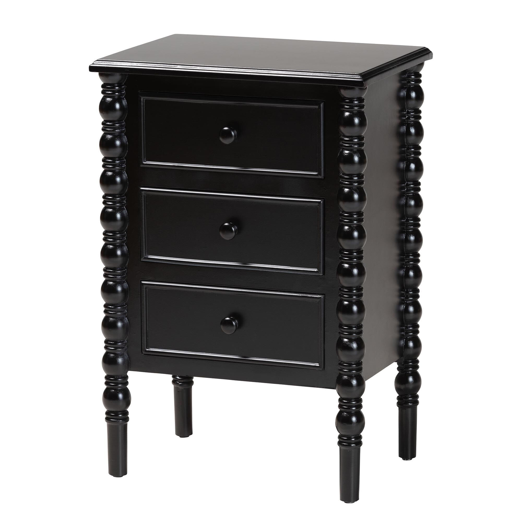 Malinda Classic White Wood 3-Drawer End Table with Spindle Legs, BLACK, alternate image number 1