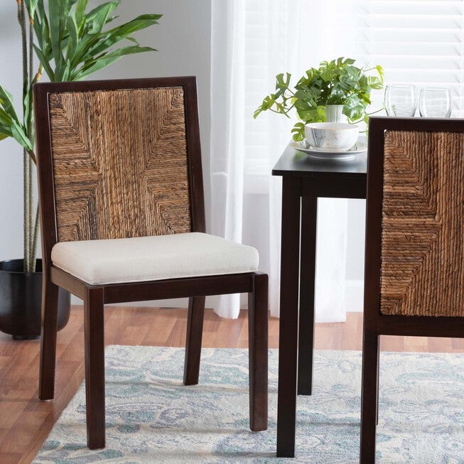 Joana Modern Bohemian Dark Brown Mahogany Wood And Natural Seagrass Dining Side Chair, , alternate image number null