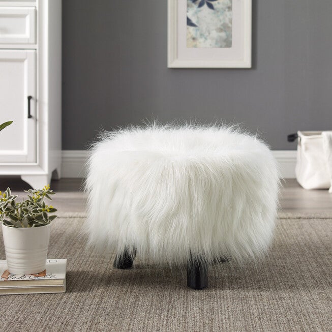 Faux Fur Foot Stool, WHITE, hi-res image number 0