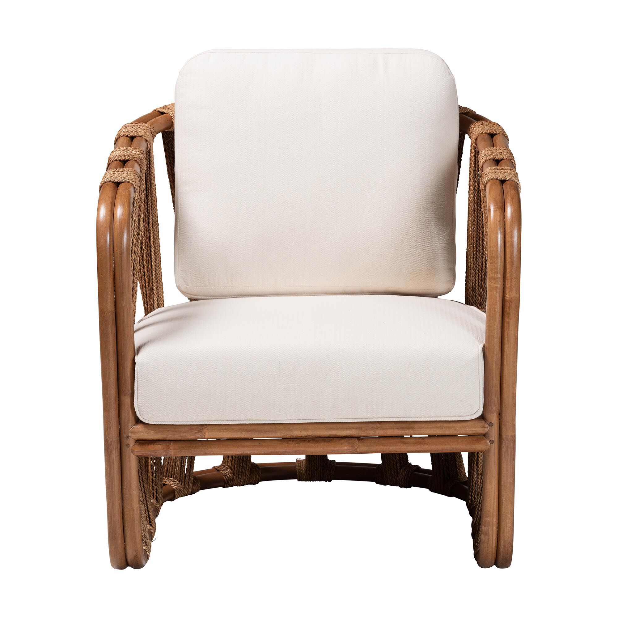 Rattan armchair with white cushion on white background