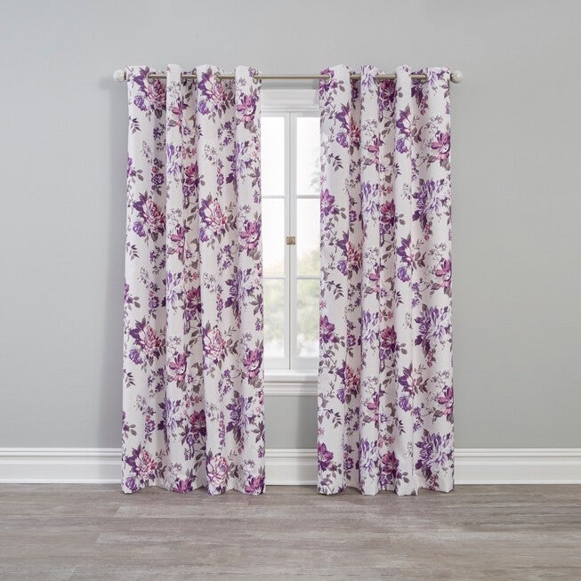 Floral Check Blackout Grommet Panel, PURPLE GRAY, hi-res image number null